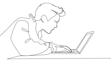 Dizüstü bilgisayarda çalışan işadamı - tek çizgi çizimi.