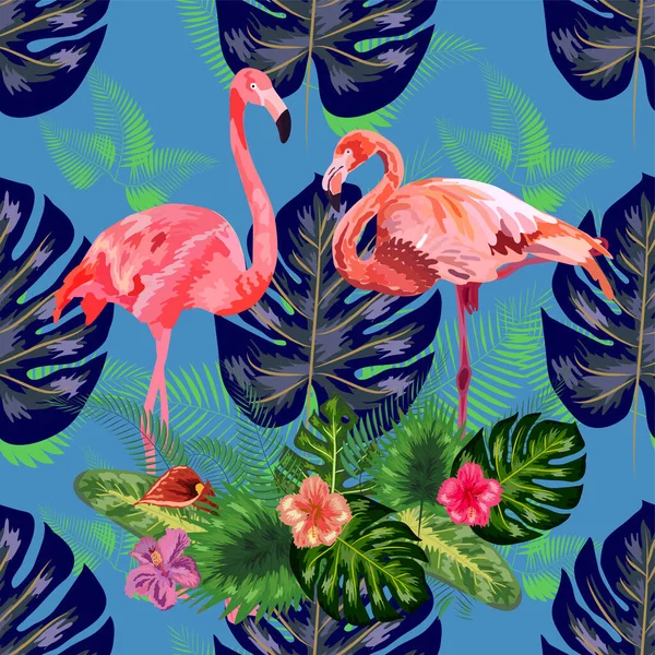 Pink Exotic Flamingo Wading Birds Couple Seamless Pattern Texture Green — Stock Vector