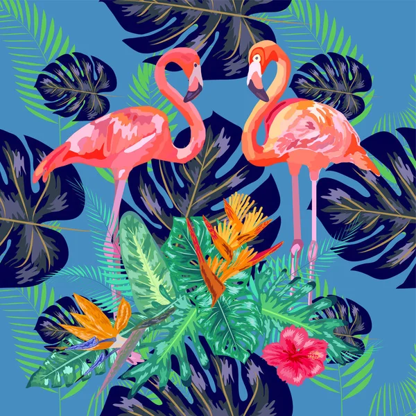 Naadloze Bloemen Zomer Patroon Achtergrond Met Tropische Palm Bladeren Flamingo — Stockvector