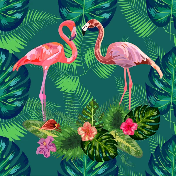 Moda Sem Costura Padrão Rosa Flamingo Pássaros Casal Flores Brilhantes —  Vetores de Stock
