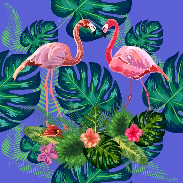 Moda Sem Costura Padrão Rosa Flamingo Pássaros Casal Flores Brilhantes — Vetor de Stock