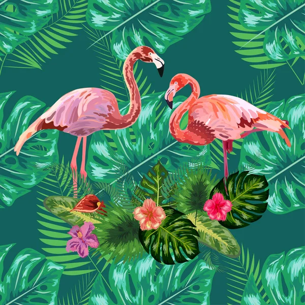 Modny Bezszwowy Wzór Różowy Ptaki Flamingo Para Jasne Kameliowe Kwiaty — Wektor stockowy