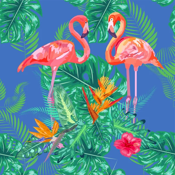 Naadloos Patroon Van Trendy Vogel Roze Flamingo Kunst Ontwerp Behang — Stockvector