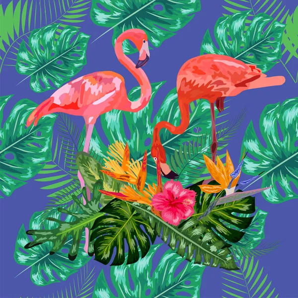 Trendy Seamless Pattern Pink Flamingo Birds Pair Яркие Цветы Камелии — стоковый вектор