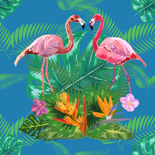 Seamless Pattern Trendy Bird Pink Flamingos Art Design Wallpaper — Stock Vector