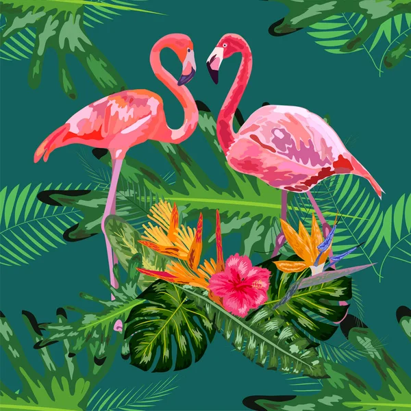 Trendy Nahtlose Muster Rosa Flamingo Vögel Paar Leuchtende Kamelien Blühen — Stockvektor