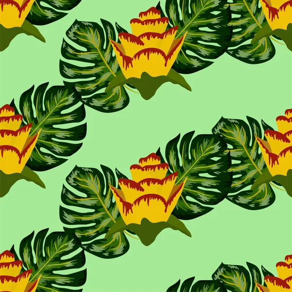 Patrón Tropical Sin Costuras Verano Con Plantas Hojas Color Amarillo — Vector de stock