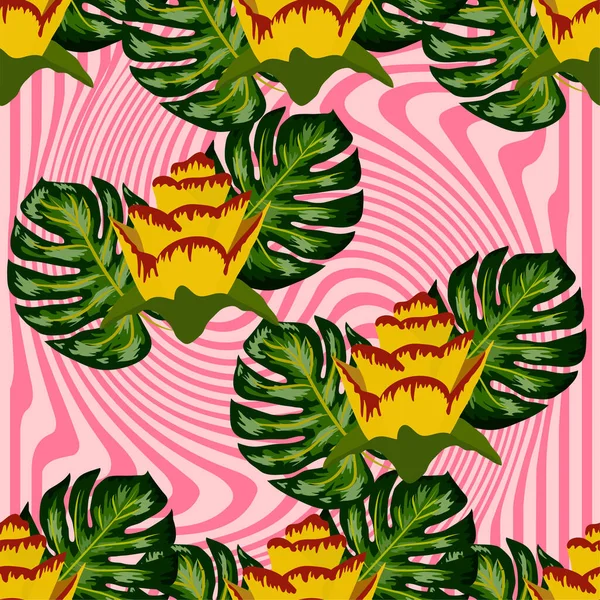 Summer Seamless Tropical Pattern Bright Yellow Pink Plants Leaves Striped — Stock Vector