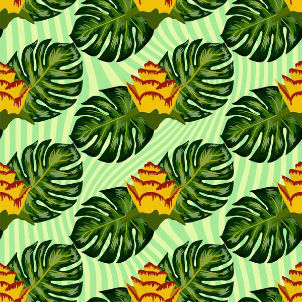 Summer Seamless Tropical Pattern Bright Yellow Pink Plants Leaves Striped — Stock Vector