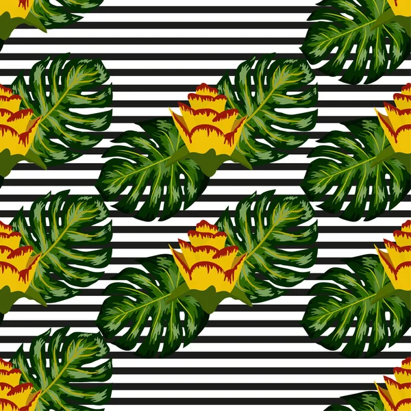 Sommer Sømløse Tropiske Mønster Med Lyse Gule Lyserøde Planter Blade – Stock-vektor