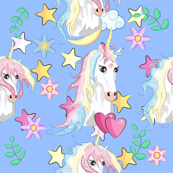 Pattern Cute Unicorns Clouds Rainbow Stars Magic Background Little Unicorns — Stock Vector