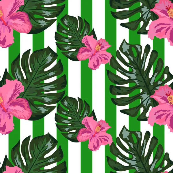 Muster Nahtlos Blumig Auf Geometrischem Hintergrund Drucken Sommer Exotische Dschungelpflanze — Stockvektor