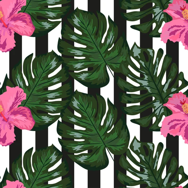 Muster Nahtlos Blumig Auf Geometrischem Hintergrund Drucken Sommer Exotische Dschungelpflanze — Stockvektor