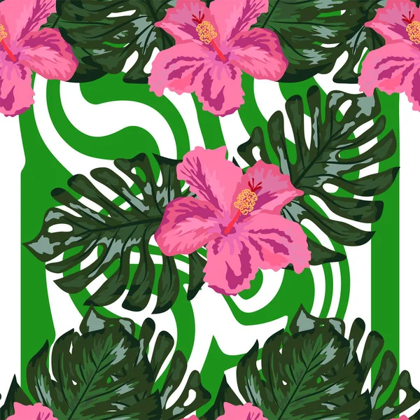 图案无缝花在几何背景上 印刷夏天奇异的丛林植物热带棕榈叶和花红色芙蓉 自然壁纸 — 图库矢量图片