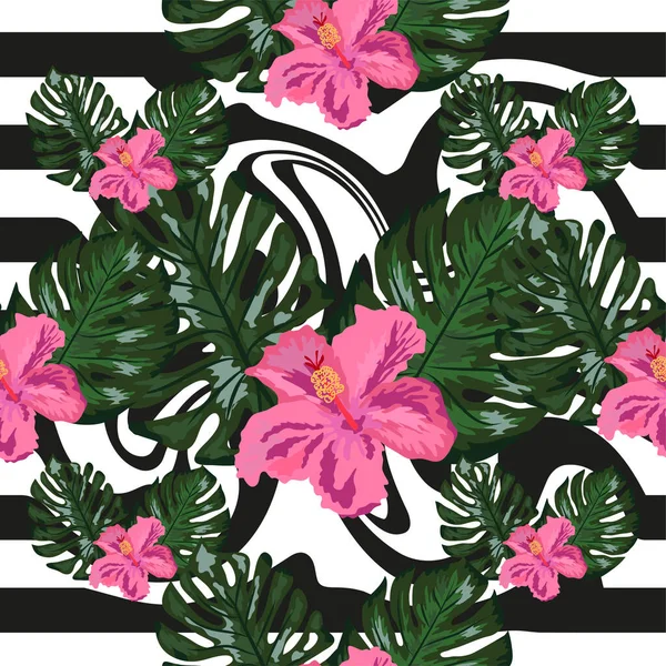 Motif Sans Couture Avec Des Fleurs Tropicales Orchidée Hibiscus Des — Image vectorielle