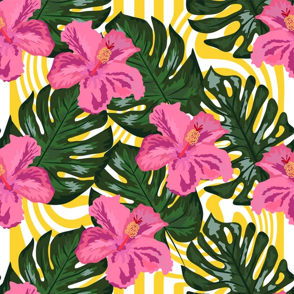 Patrón Floral Sin Costuras Sobre Fondo Geométrico Imprimir Verano Exótica — Archivo Imágenes Vectoriales