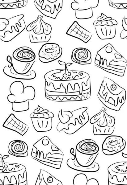 Sweet Doodle Pattern Cupcakes Cakes Candies Cones Hand Drawn Seamless — Stock Vector