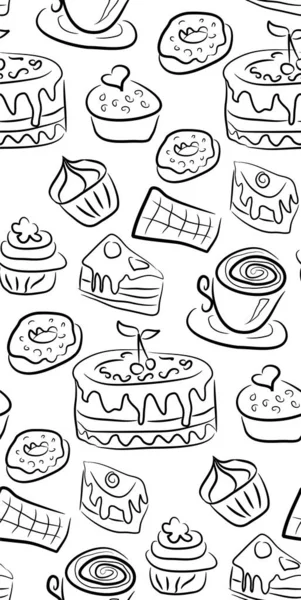 Sweet Doodle Pattern Cupcakes Cakes Candies Cones Hand Drawn Seamless — Stock Vector