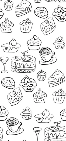 Sweet Doodle Pattern Cupcakes Cakes Candies Cones Hand Drawn Seamless — Stock Vector