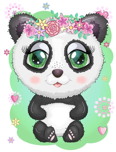 Cute Panda Cartoon Girl Face Bright Expressive Eyes Flowers Stars — Stock Vector