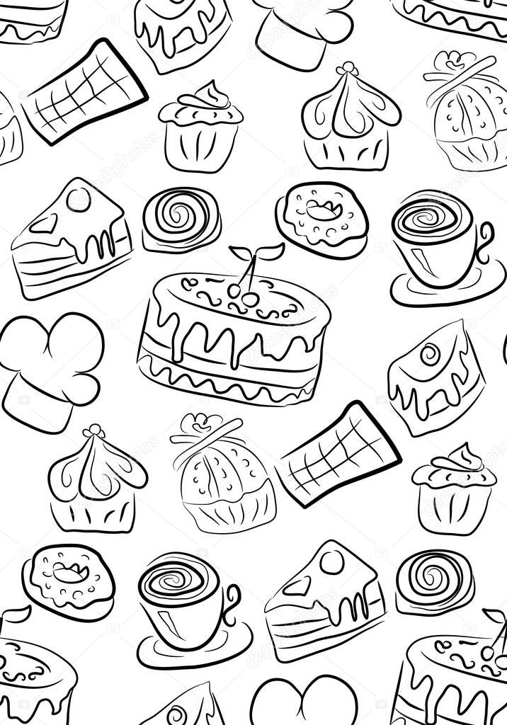 Hand drawn sweets and candies pattern. doodles. Isolated food on white background. Seamless texture. Ice cream, cake, donut, etc. Black and white.