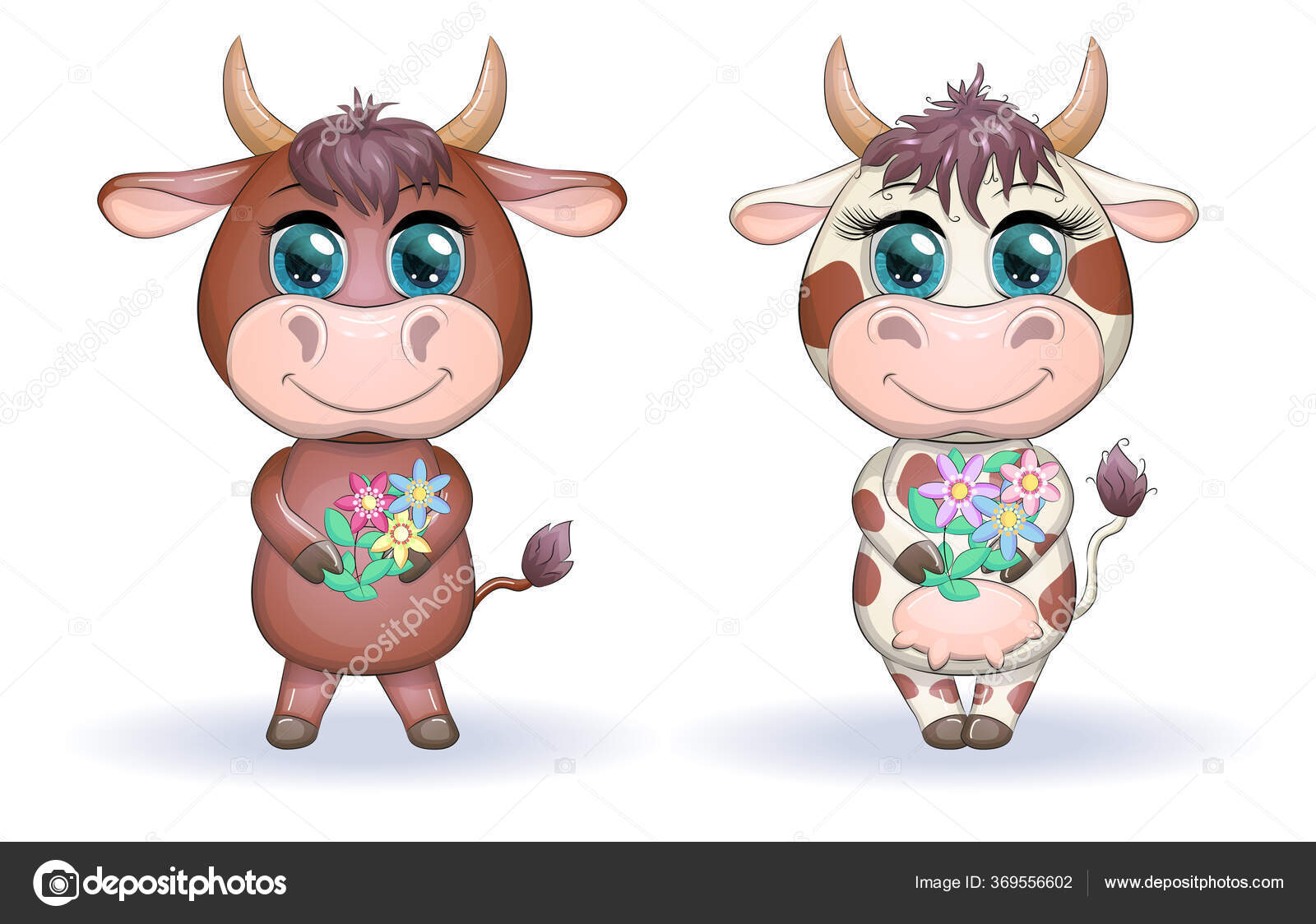 Cute Cartoon Couple Cow Bull Flowers Beautiful Big Eyes Symbol Stock Vector  Image by ©Michiru13 #369556602