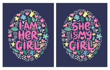 Igbt alıntılıyor, ben onun kızıyım, o benim kız arkadaşım çift parmak izi, konsept, kartpostal, güzel tematik bir çerçevede afiş, çiçekler, taçlar. harf.