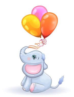 Güzel gözleri ve bagajında balonları olan sevimli çizgi film fili, çocuk çizimi..