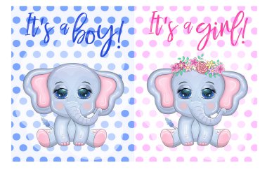 Şirin Fil oğlan ve güzel gözlü, kelebekli, çocuk resimli bebek hediye kartı.