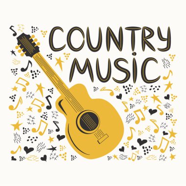 Notalarla çevrili akustik gitar, Country Music yazıları. Country Cowboy Müzik Festivali Yaratıcı Olay Canlı Poster Kavramı.