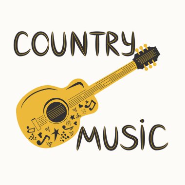 Notalarla çevrili akustik gitar, Country Music yazıları. Country Cowboy Müzik Festivali Yaratıcı Olay Canlı Poster Kavramı.