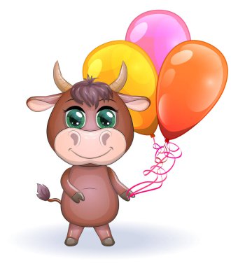 Balonlu, güzel mavi gözlü ve bir buket çiçekli şirin çizgi film boğası. Doğum günü, tatil. Çocuk çizimi.