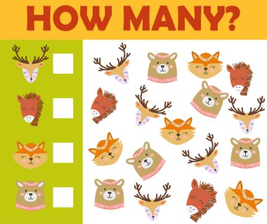 Anaokulu çocukları için hayvan oyunları sayılıyor Renkli yazdırılabilir versiyonu.