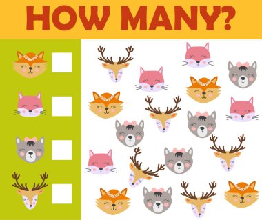 Anaokulu çocukları için hayvan oyunları sayılıyor Renkli yazdırılabilir versiyonu.