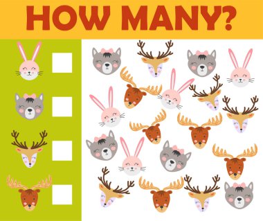 Anaokulu çocukları için hayvan oyunları sayılıyor Renkli yazdırılabilir versiyonu.