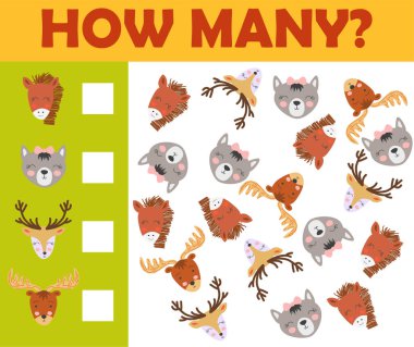 Anaokulu çocukları için hayvan oyunları sayılıyor Renkli yazdırılabilir versiyonu.