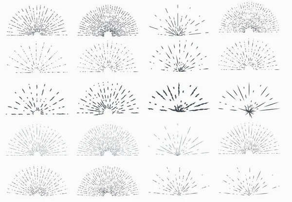 Set Von Vintage Handgezeichneten Sonnenstrahlen Designelemente Hälften Explosion Feuerwerk Abbildung — Stockvektor
