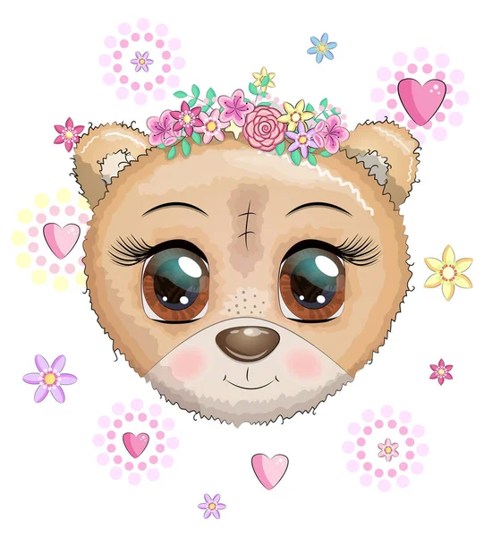 Bonito Urso Focinho Desenhos Animados Uma Grinalda Flores Com Belos — Vetor de Stock