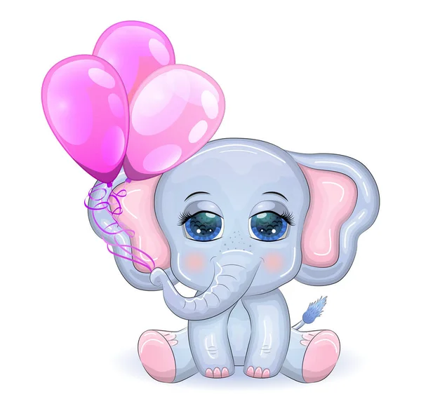 Cute Cartoon Elephant Beautiful Eyes Balloons Trunk Children Illustration — Stock Vector