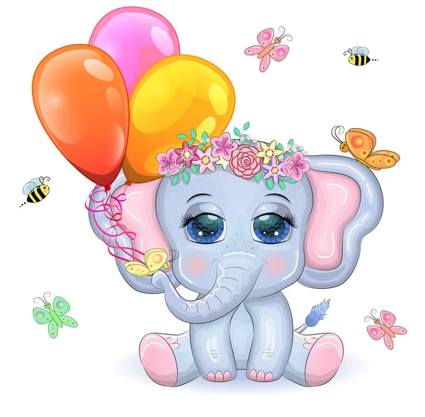 Cute Cartoon Elephant Beautiful Eyes Balloons Trunk Children Illustration — Stock Vector