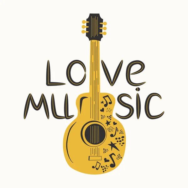 Guitarra Acústica Cercada Por Notas Inscrição Love Music Country Cowboy —  Vetores de Stock