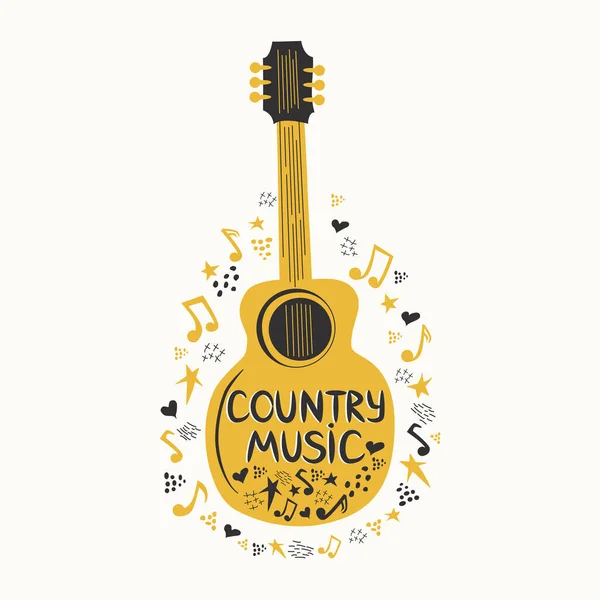 Guitare Acoustique Entourée Notes Inscription Country Music Country Cowboy Music — Image vectorielle