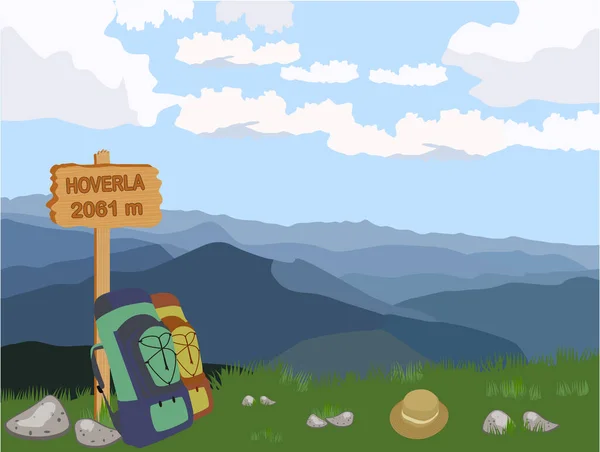 山の風景 山の頂上 空と森 冒険と自然の中で旅行の概念 碑文と木製のプレートHoverla 2061メートル バックパック旅行者 — ストックベクタ