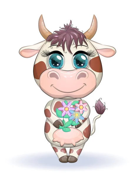Bonita Vaca Dos Desenhos Animados Com Buquê Flores Com Belos — Vetor de Stock