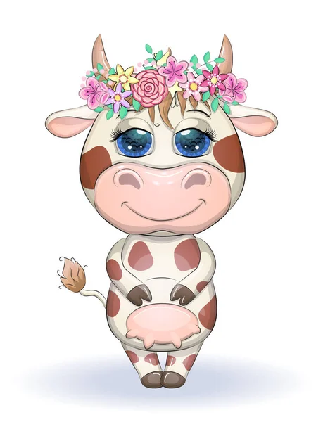 Mignon Dessin Animé Vache Dans Une Couronne Fleurs Avec Beaux — Image vectorielle