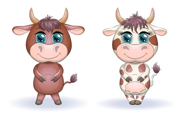 Couple Dessin Animé Mignon Vache Taureau Fleurs Avec Beaux Grands — Image vectorielle