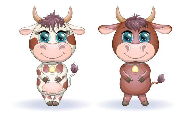 Couple Dessin Animé Mignon Vache Taureau Fleurs Avec Beaux Grands — Image vectorielle