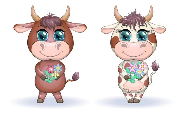 美しい大きな目で花の牛や牛のかわいい漫画のカップル 中国の暦によると2021年のシンボル 子供用イラスト — ストックベクタ