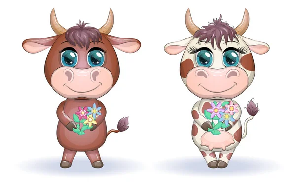 Una Bella Coppia Cartoni Animati Mucca Toro Fiori Con Bellissimi — Vettoriale Stock