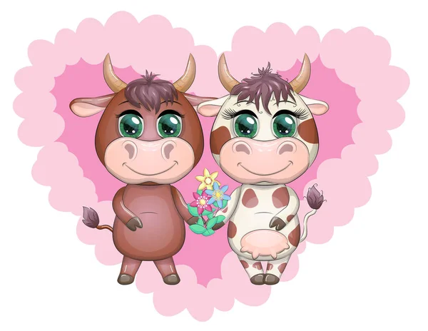 Una Linda Pareja Dibujos Animados Vaca Toro Flores Con Hermosos — Vector de stock